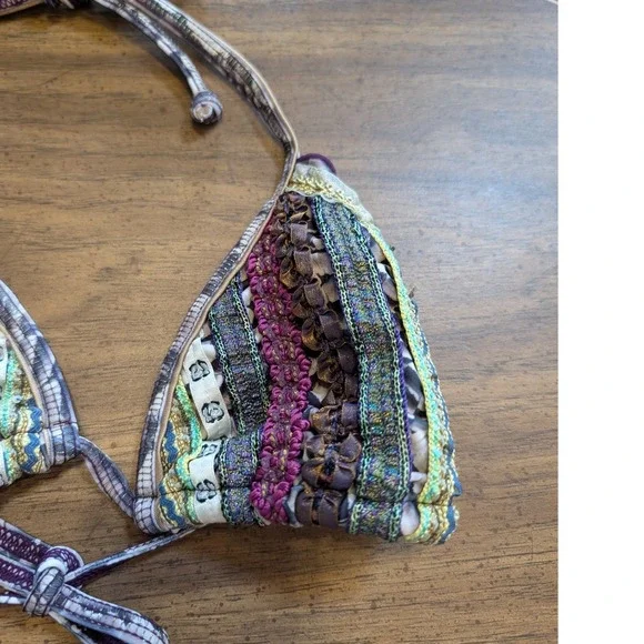 Agua Bendita Bikini Set Small Purple Feather Ribbon Embroidered Brazil Scrunch - Picture 3 of 15